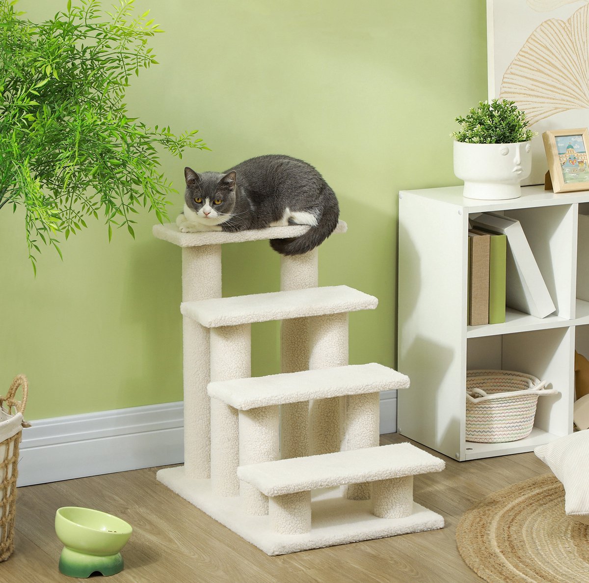 DESMIU Kattentrap - 4 Treden - 63,5 x 43 x 60 cm - Spaanplaat en Pluche - Cremewit - Voor Honden en Katten - Ook als Krabpaal