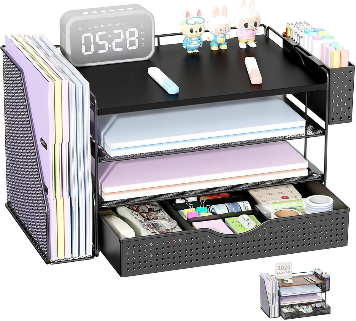 SnelShoppen - Houten Bureau Organizer met Bestands Houder, 4 Laags Bureau Organizer met Lade en Pennen Houder, Papieren Organizer voor Kantoorbenodigd