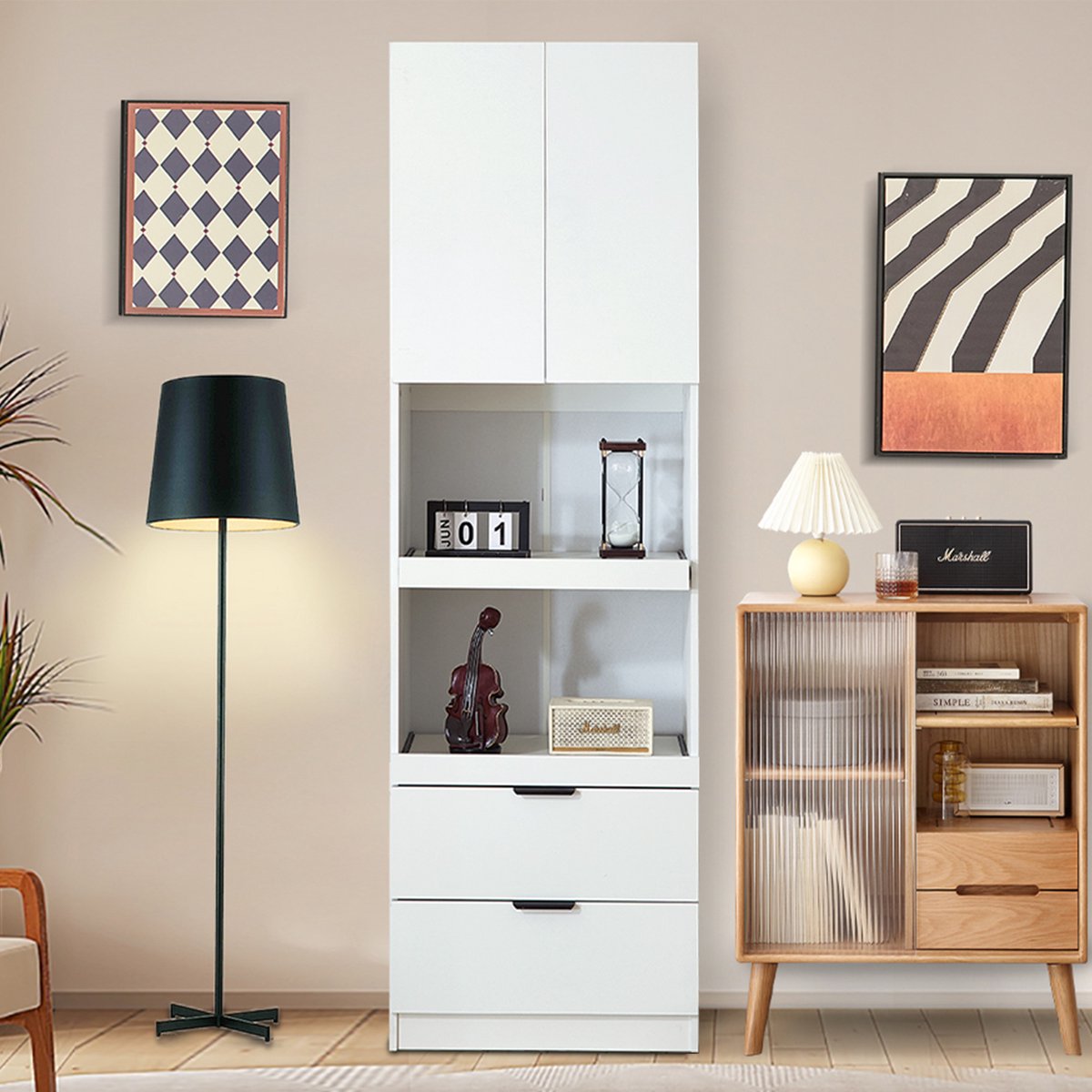 Wishdor - Keukenkast - Hoge opbergkast met 2 lades en open vakken - Modern - Keuken en eetkamer - Bewerkt hout - Wit - 59,5 x 45 x 200 cm