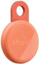 Oranje Chipolo tracker met een ronde vorm en een lusje.