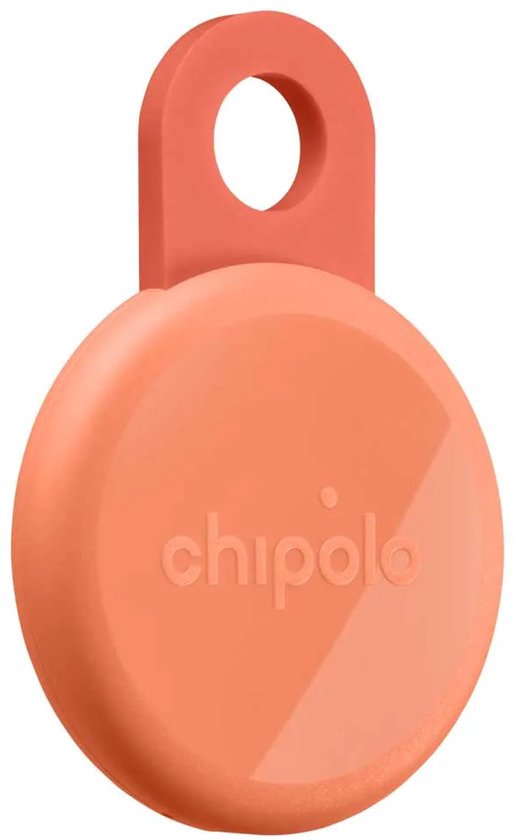 Oranje Chipolo tracker met een ronde vorm en een lusje.