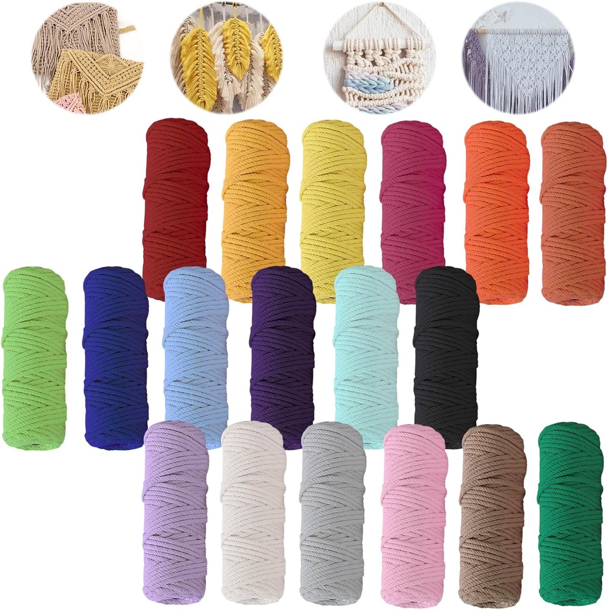 SnelShoppen - Macrame Garenset 18 Stuks, 2 mm x 30 m, Natuurlijke Katoenen Draad voor DIY Decoraties, Macrame Touw voor Hangende Mandjes en Gordijnen