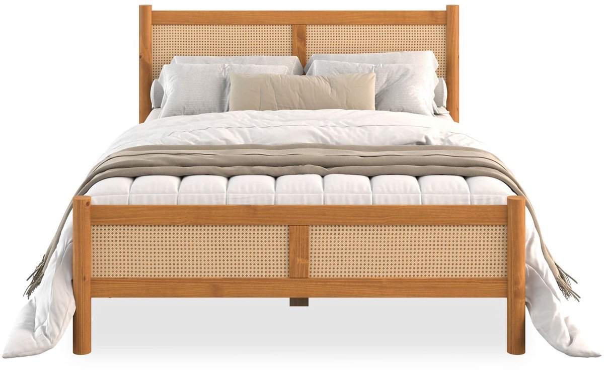Massief houten bed CEFIRA 140x190 cm met rotanvlechtwerk – eikenhouten afwerking