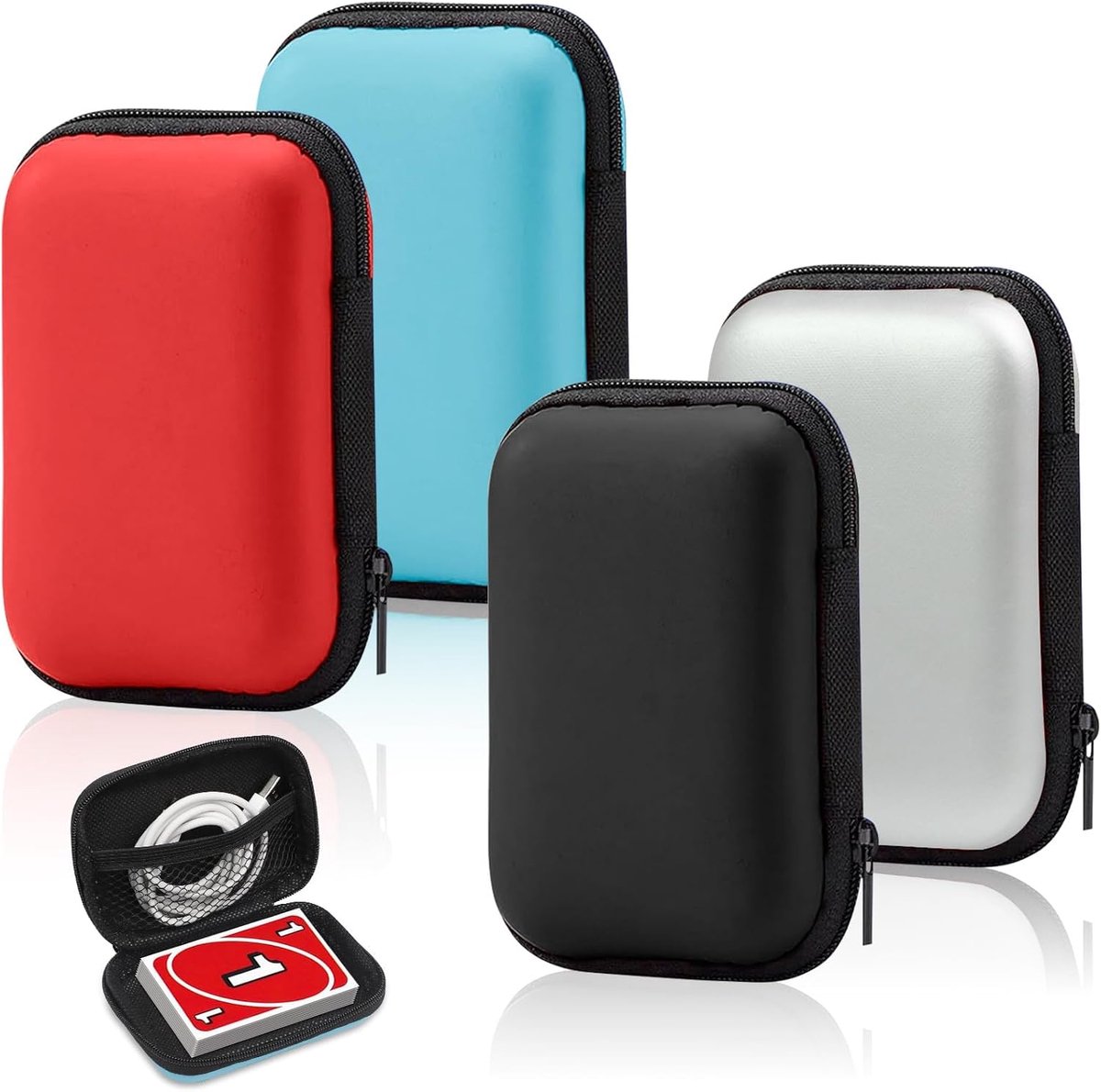 SnelShoppen - 4 stuks Speelkaartenbox, Waterdicht en Duurzaam Kaartenetui voor Cabo, UNO, Bordspellen, Hoofdtelefoon en Datakabel - Compact Zwart/Zilv
