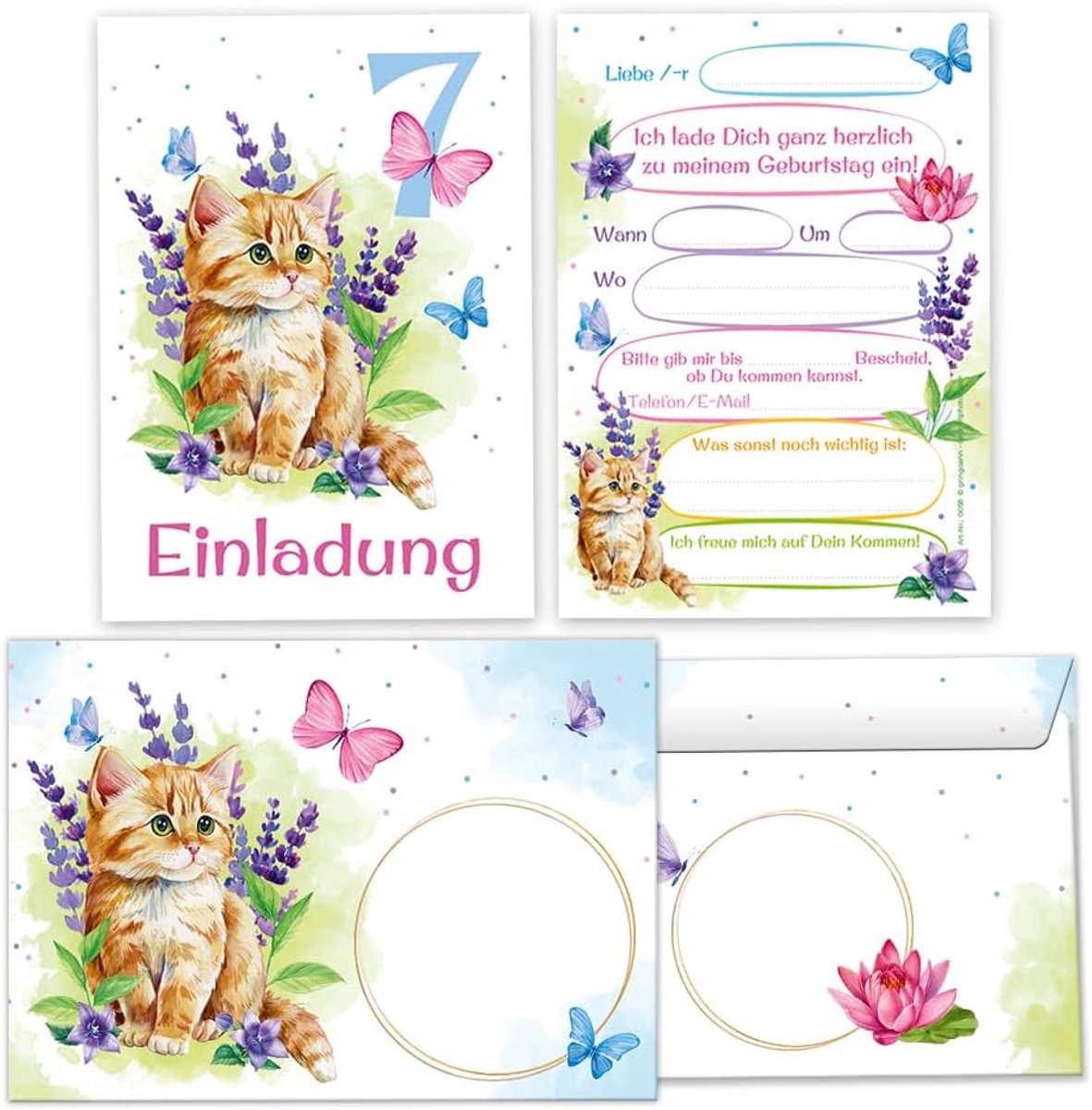 SnelShoppen - 8 Uitnodigingskaarten + Enveloppen voor 7e Verjaardag Meisje Kat Kitten Thema, A6 Formaat, Hoogwaardige 300 g/m², Feestelijke Kaarten vo