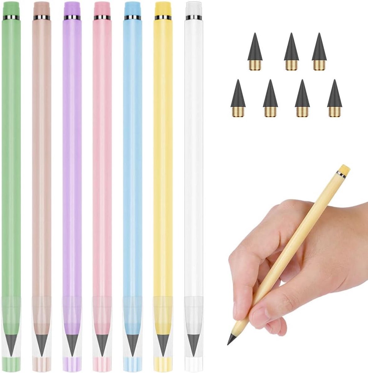SnelShoppen - Inkless Pencils Set van 7 Stuks, Perpetual Pencils met Vervangbare Nib, Wit Gum, Perfect voor Kinderen en Volwassenen, Thuis en Kantoor