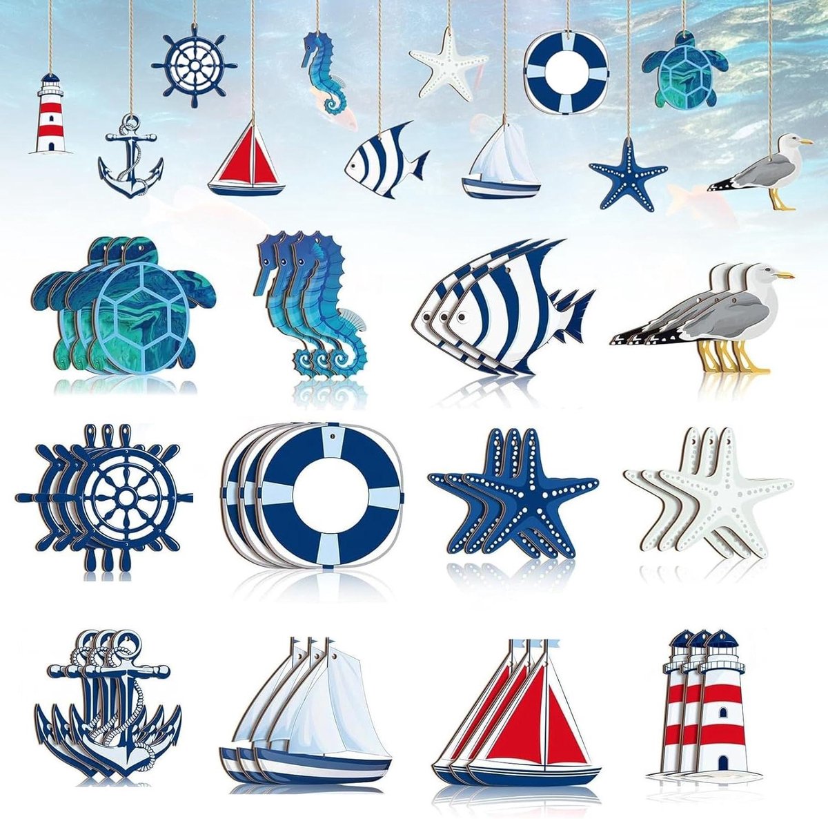 Maritieme Decoratie Set - Visnet Versiering - Feestelijke Sfeer - Natuurlijk Hout - 36 Stuks - Blauw