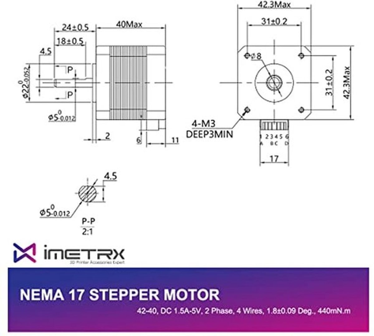 Nema 17 motor pass 42 x 40 mm extrudeuse motor 1.5 A-3.8 V 2 fases 4 draden 1.8 graden met 1 meter kabel voor 3D printers