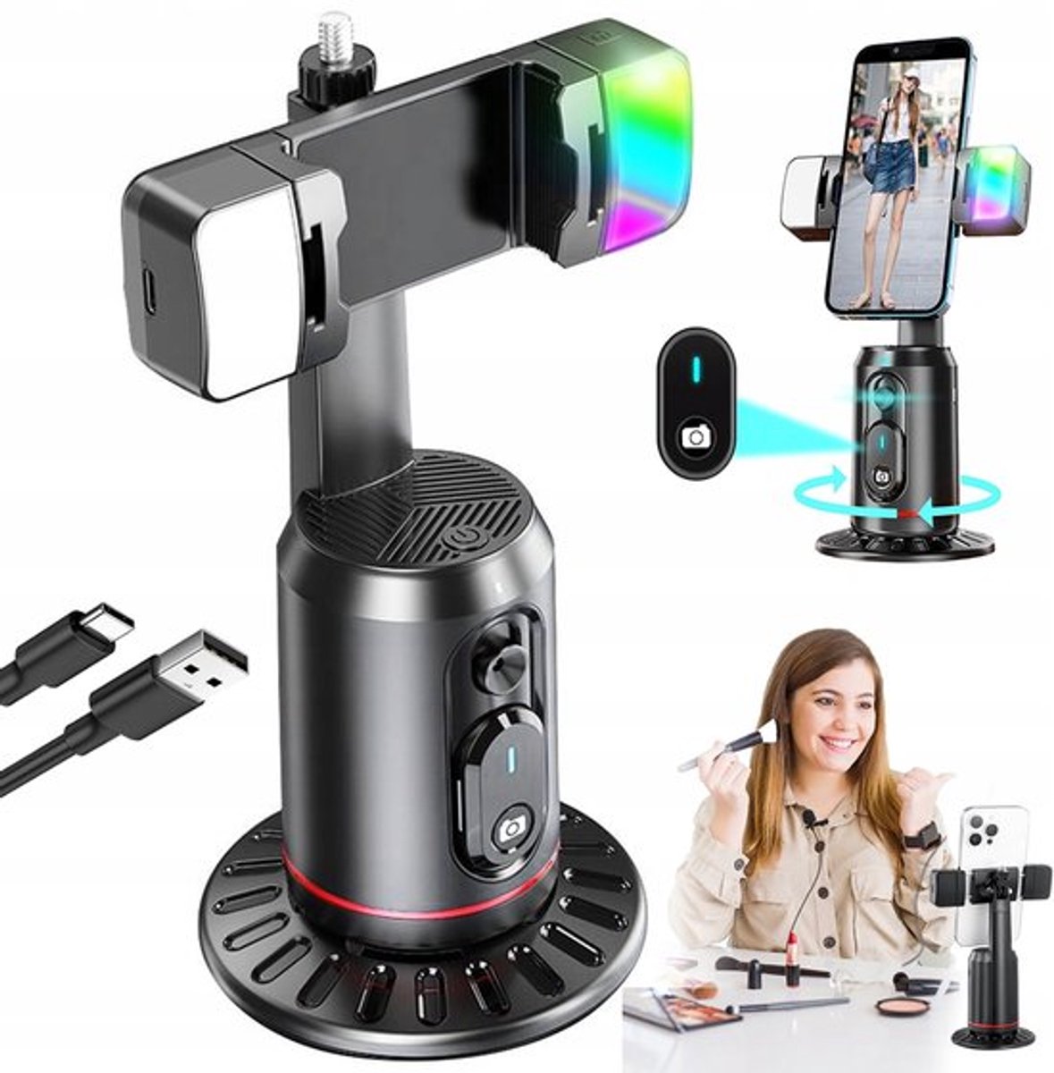 Bluetooth volgstatief - Gezichtsvolgende - 360 Graden - Handgebaren Bediening - 2 LED Lampen - Voor Live Stream & Zelfportret