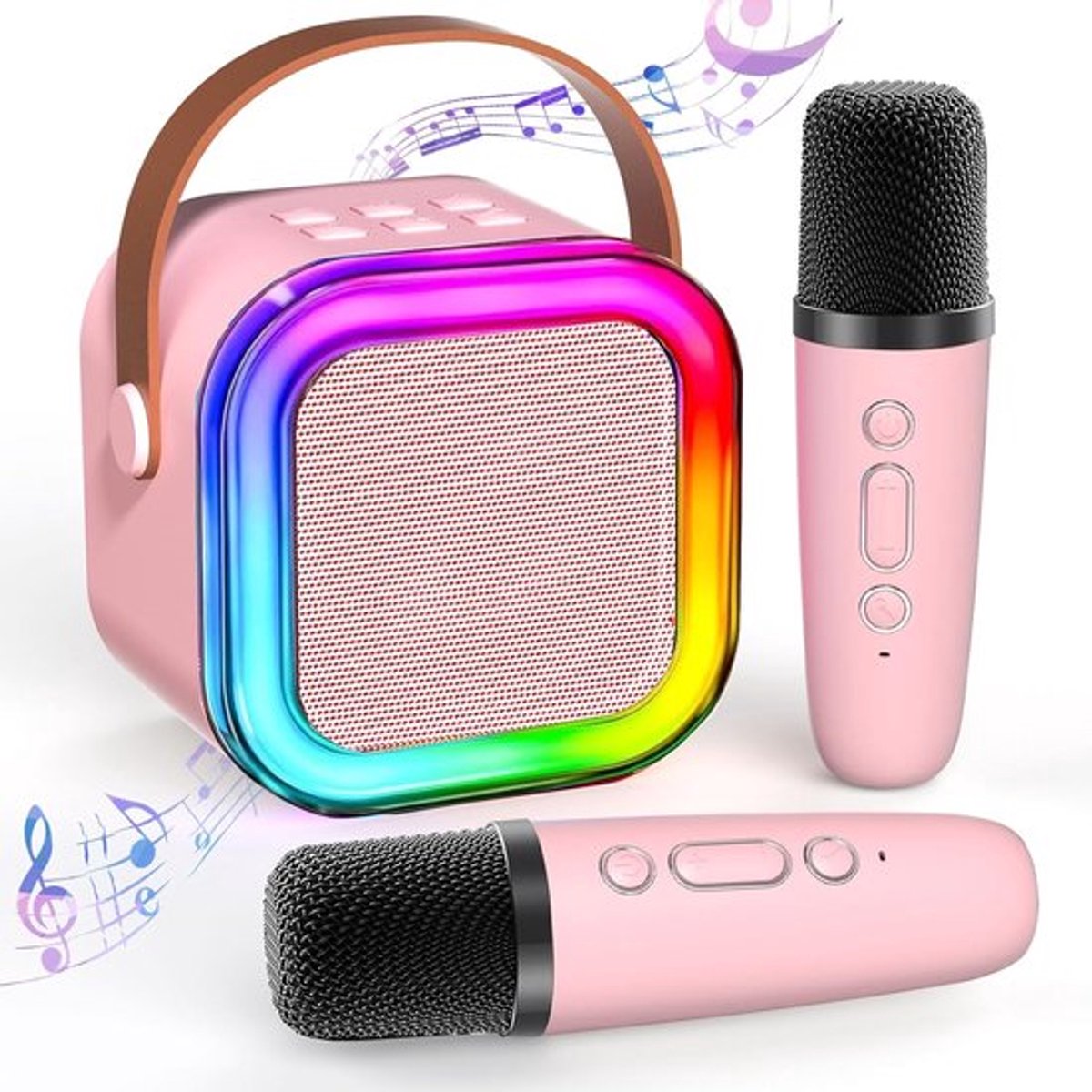 Mini karaoke-apparaat voor kinderen - Draadloze karaokespeaker met 2 microfoons - LED-feestverlichting - Cadeau voor 2-12 jaar - Model K12 roze