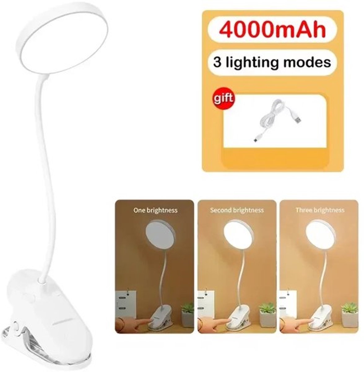 Bureaulamp, flexibele bureaulamp met USB-oplaadclip, leeslamp voor naast het bed, nachtlampje voor op tafel