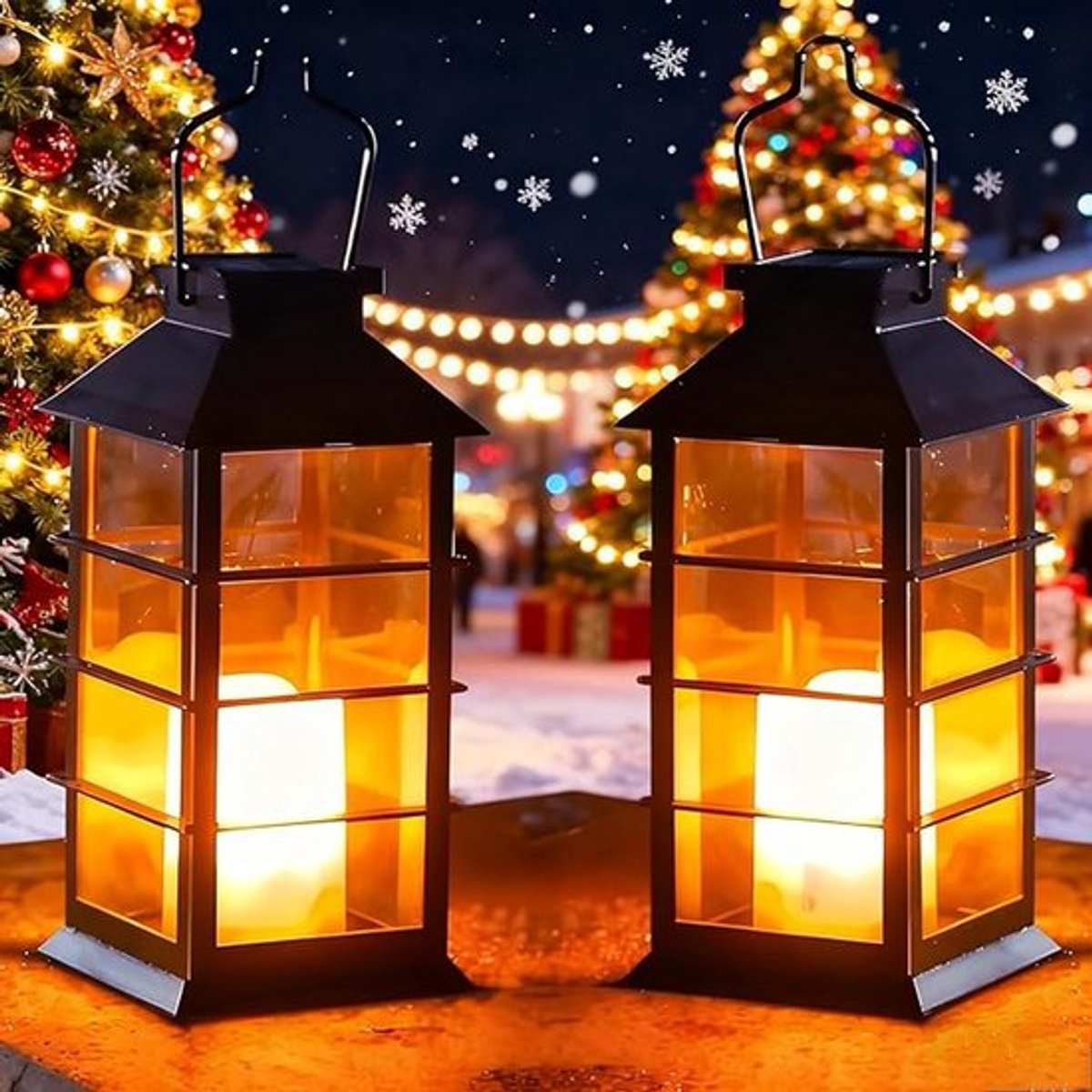 Zonnelantaarns voor de tuin, 2 stuks hangende zonnelampen voor buiten, tuinlantaarn met flikkerende gloed, automatische aan/uit kerstlantaarn, waterdichte hangende lantaarns voor pad [Energieklasse F]