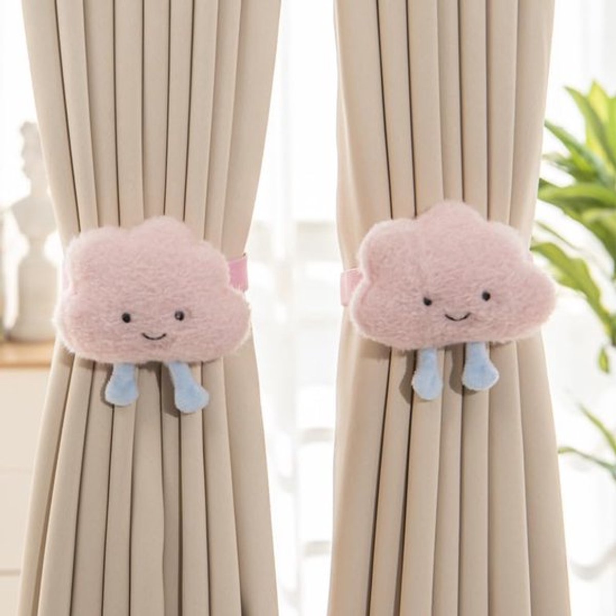 2-pack gordijnstrikken met kliksluiting voor binnen en buiten, schattige gordijnstrikken met wolkengesp, decoratieve touwstrikken voor raamdecoratie, voor kinderen, babykamer, meisjeskamer, vrouwenkamer, slaapkamerdecoratie (roze)