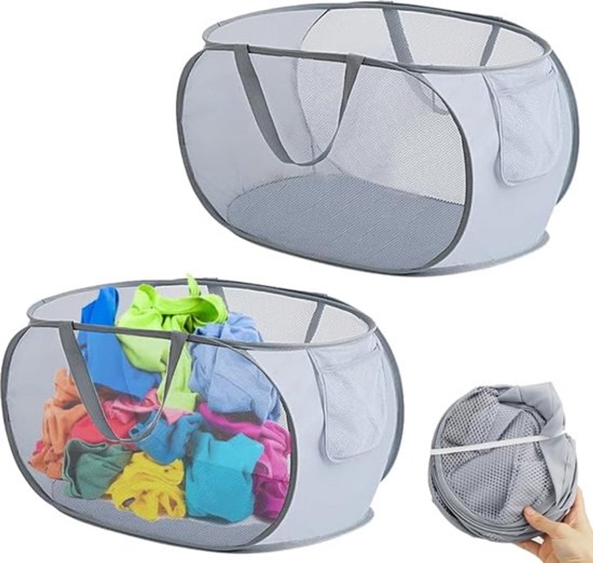 Wasmand - 2 Stuks - Opbergmand - Multifunctionele - Opvouwbare - Met Handvat - Compact En Handig - Reizen En Kleine Ruimtes - Reis Accessoires - Vakantie Benodigdheden - Voor Kinderkamer/Camping, Reizen En Bijkeuken - Grijs - 36 x 36 x 58 cm