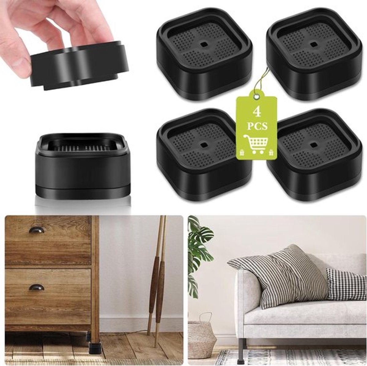4-pack meubelverhogers - Verstelbare bedverhogers voor zwaar gebruik - voor tafel, bureau, bank, stoel, bankkast, bedpoten, slaapzaal - Zwart