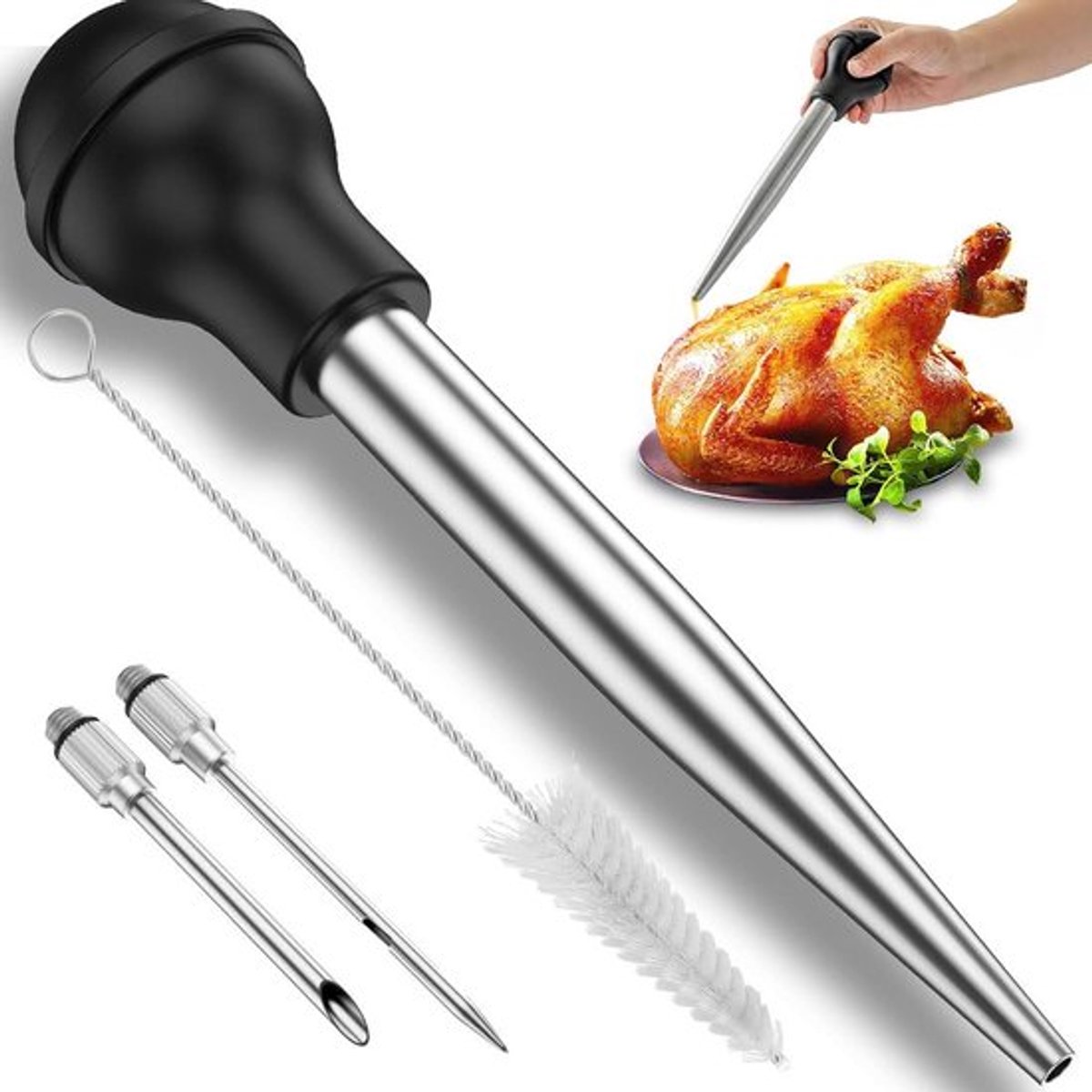 4-delige vleespomp set - roestvrijstalen spuit met siliconen pomp en 2 naalden, 6 oz, inclusief borstel