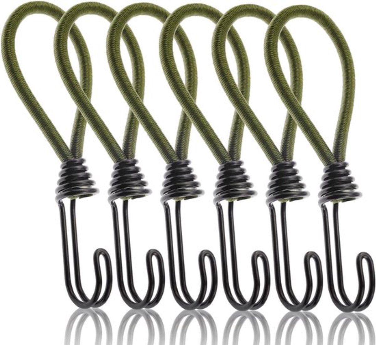 12 groene elastische koorden met haken; metalen haken voor het vastzetten van lading, elastische koorden voor tenten en outdoorproducten.