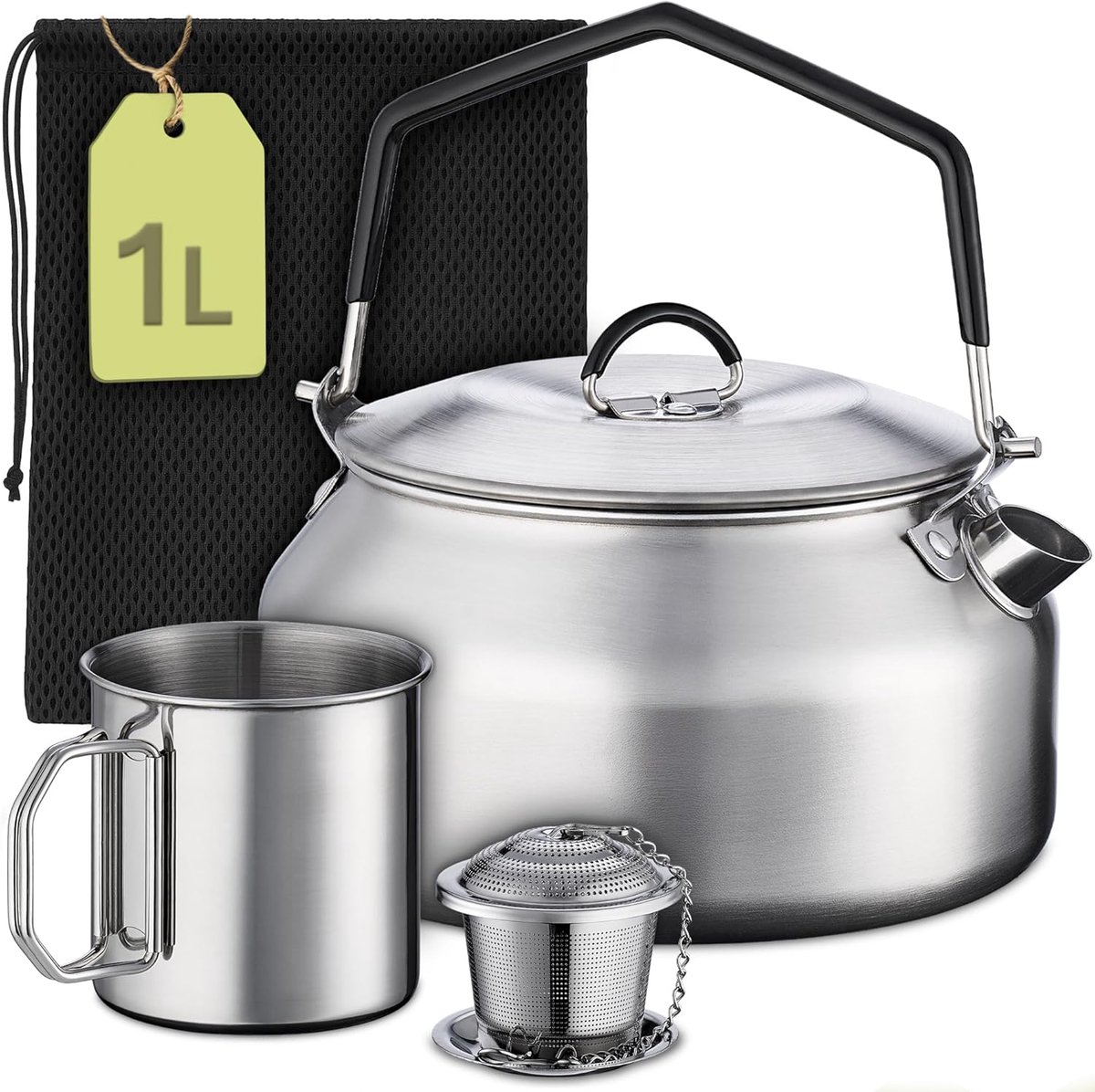 SnelShoppen - Camping Waterkoker Set 1L Roestvrij Staal - Inclusief Beker, Theefilter & Tas - Stapelbaar, Hittebestendige Siliconen Greep - Geschikt v