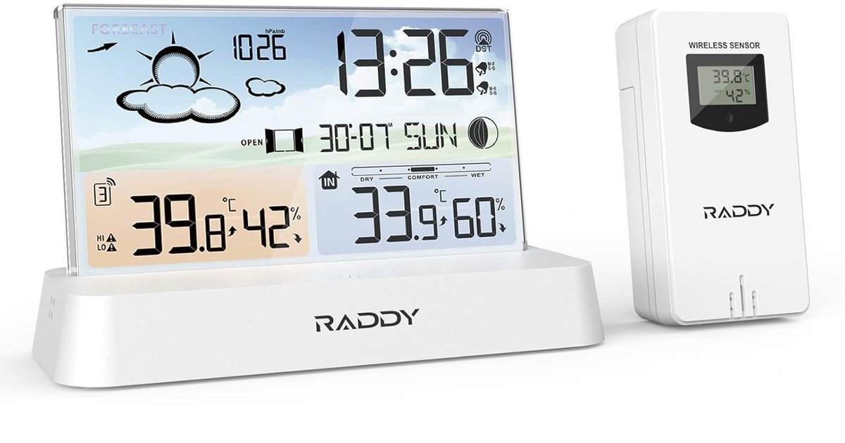 SnelShoppen - Raddy DT6 Weerstation Binnen Buiten - Digitale Thermometer, Hygrometer, DCF-Radioklok, Kleurendisplay, Weersvoorspelling en Barometer vo