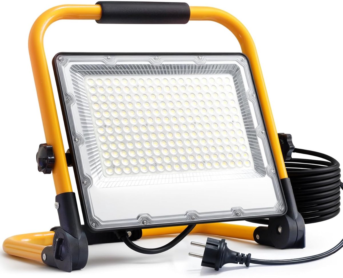 SnelShoppen - 200W LED Bouwlamp met Statief, 20.000 Lumen, 4 M VDE Rubberkabel, IP66 Waterdichte Werklamp, 6500K Koud Wit Licht voor Werkplaats en Bou