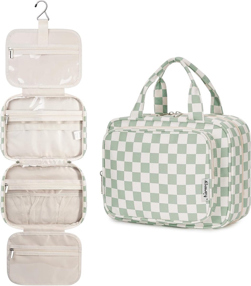 Thijox - Hangende Reis Toilettas voor Vrouwen - Waszak Cosmetica Make-up Tas Organizer - Dambord Mintgroen Medium - Ideaal voor Vakantie, Weekendje We