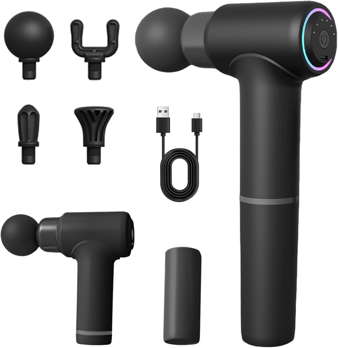 SnelShoppen - Massagepistool Draagbaar Massageapparaat 3200 tpm met Lange Steel en 4 Massagekoppen, 6 Snelheden, USB-C Opladen, Ontspannend Cadeau voo