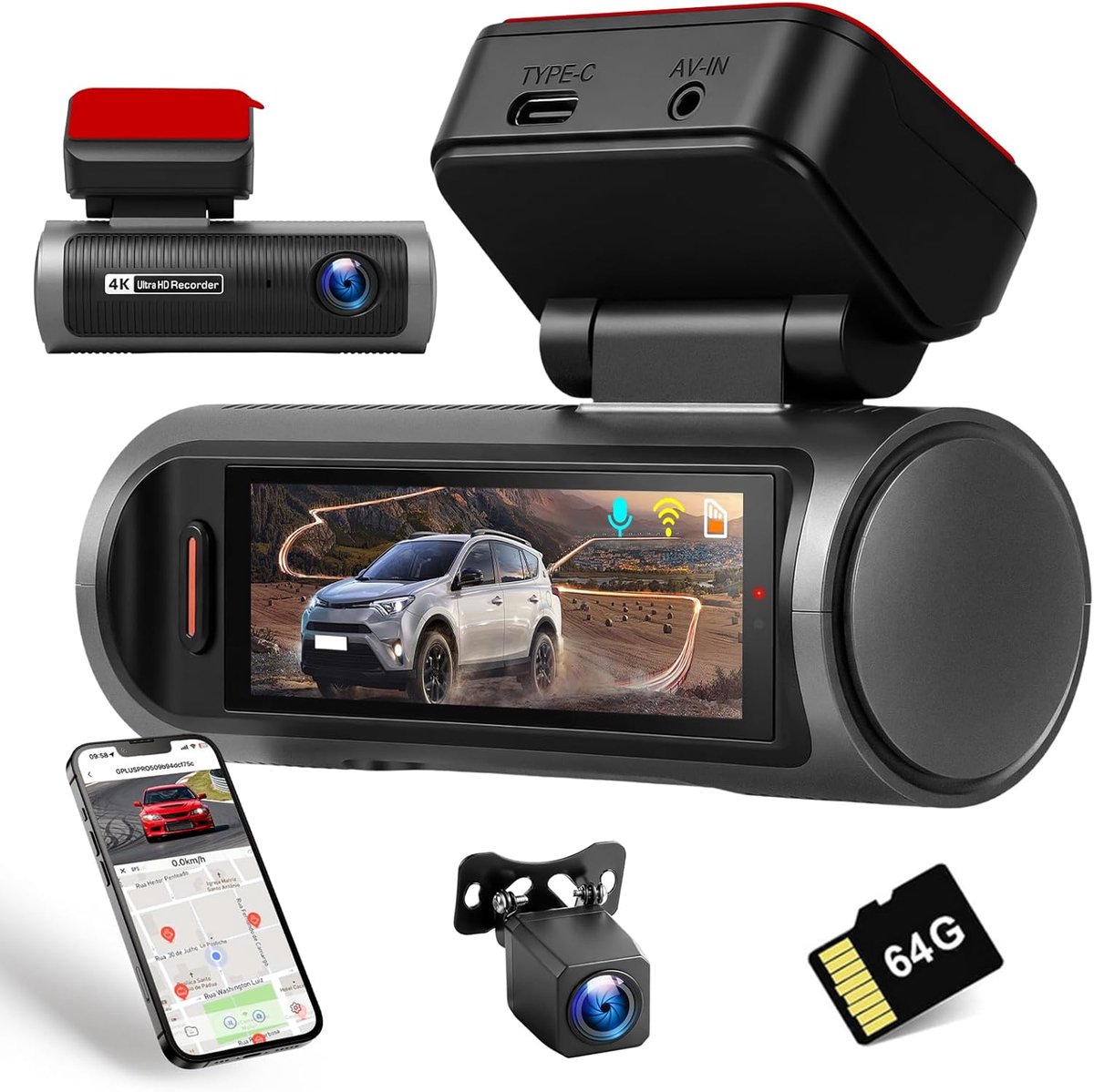 SnelShoppen - 4K Dashcam Auto Voor en Achter, Dubbele Kanaals Met 64 GB SD-kaart, 3,2 Inch IPS-Touchscreen, Groothoek, IR 8, G-sensor, Wifi, Lusopname