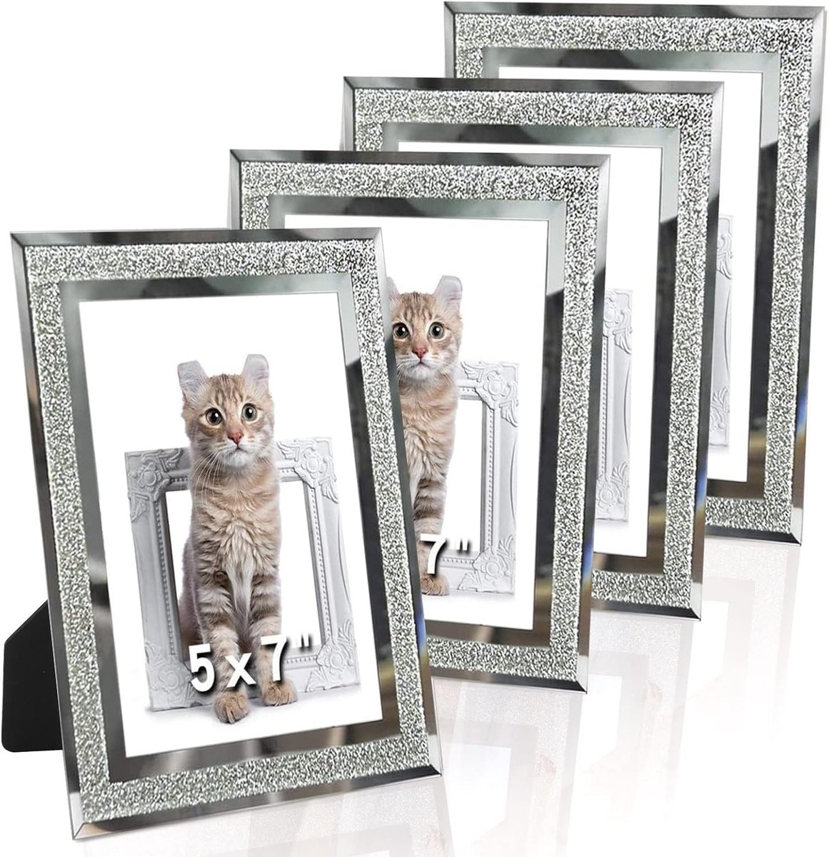 SnelShoppen - 4 Stuks Fotolijst Set Glas 7 Inch Zandglas Zilver, Hoogwaardige Staande en Hangende Fotolijsten voor Familiefoto's in Woonkamer en Slaap