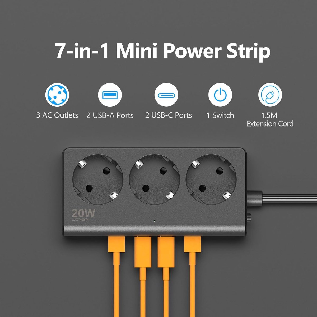 SnelShoppen - 7-in-1 Stekkerdoos met 3 Stopcontacten, Kubusvormig Stekkerblok met 2 USB-A en 2 USB-C Poorten, Snelladen, Schakelaar, PD 20W voor Thuis