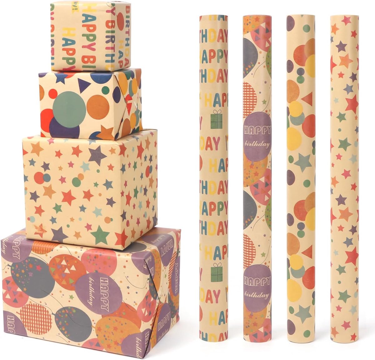 SnelShoppen - PARTY GO Cadeaupapier voor Verjaardag, Bruin, 4 Rollen, 43 x 300 cm, Natuurlijke Verpakking voor Kinderen, Meisjes en Jongens, Kleurrijk