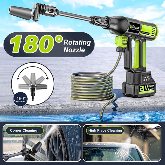 SnelShoppen - Draadloze Hogedrukreiniger 120 Bar - Highsam Pressure Washer met 2 Accu's 4,0 Ah - 6-in-1 en 180 Graden Draaimondstuk - Ideaal voor Tuin van Snelshoppen — afbeelding 4