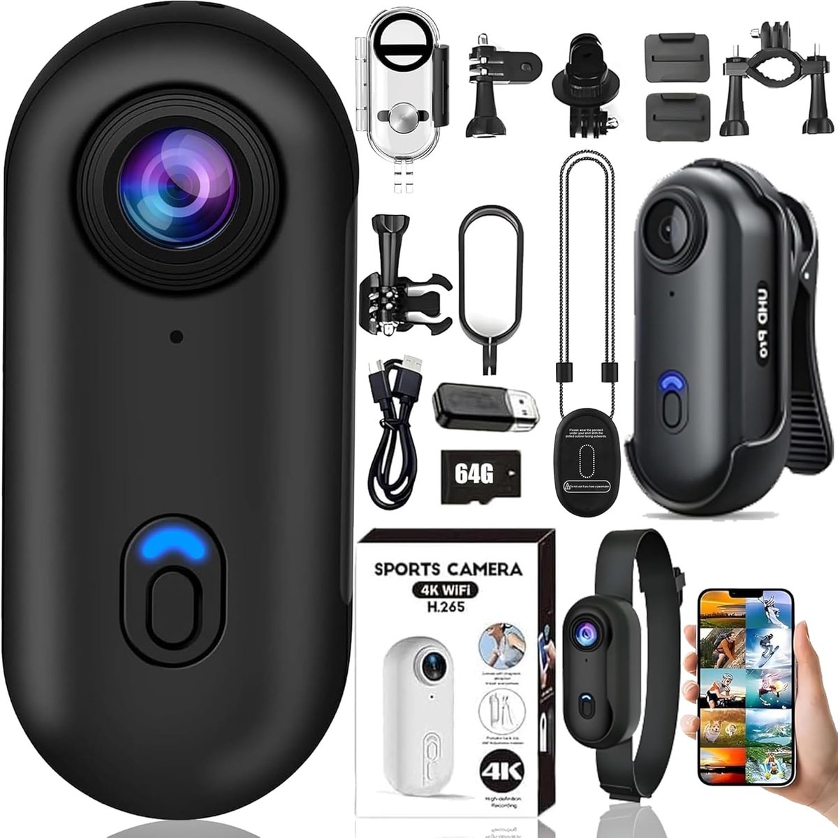 SnelShoppen - Mini Action Cam 4K, Draagbare Actiecamera met 360° Draaibare Clip, Magnetische Bevestiging, Waterdichte Lichaamscamera voor Outdoor, Rei