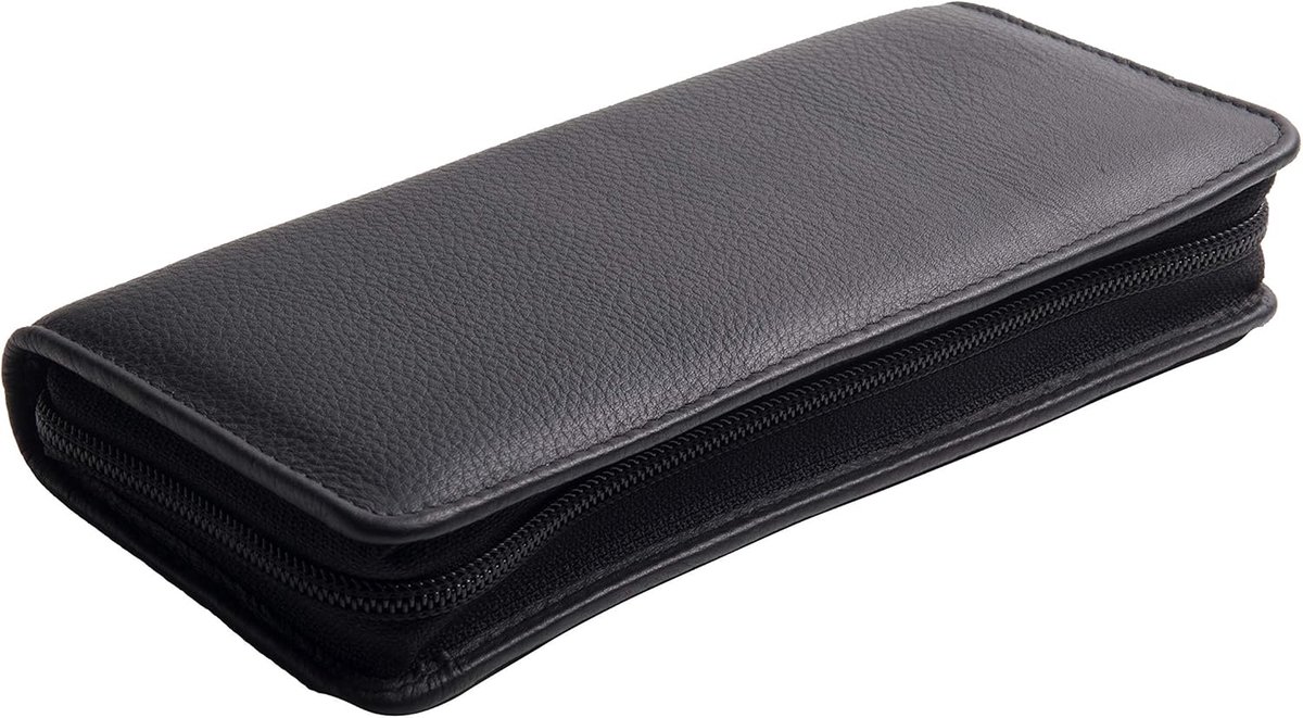SnelShoppen - Pennenetui leer medium zwart Duits design etui lederen pennenetui met suède binnenvoering en metalen ritssluiting, elegant en tijdloos