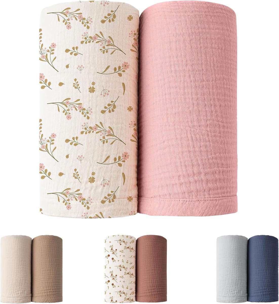 SnelShoppen - 2x Baby Mousseline Inbakerdekens 100x100cm - Zacht Katoen - Roze + Roze Bloem - Comfortabele Wikkeldoeken voor Pasgeboren Jongen Meisje