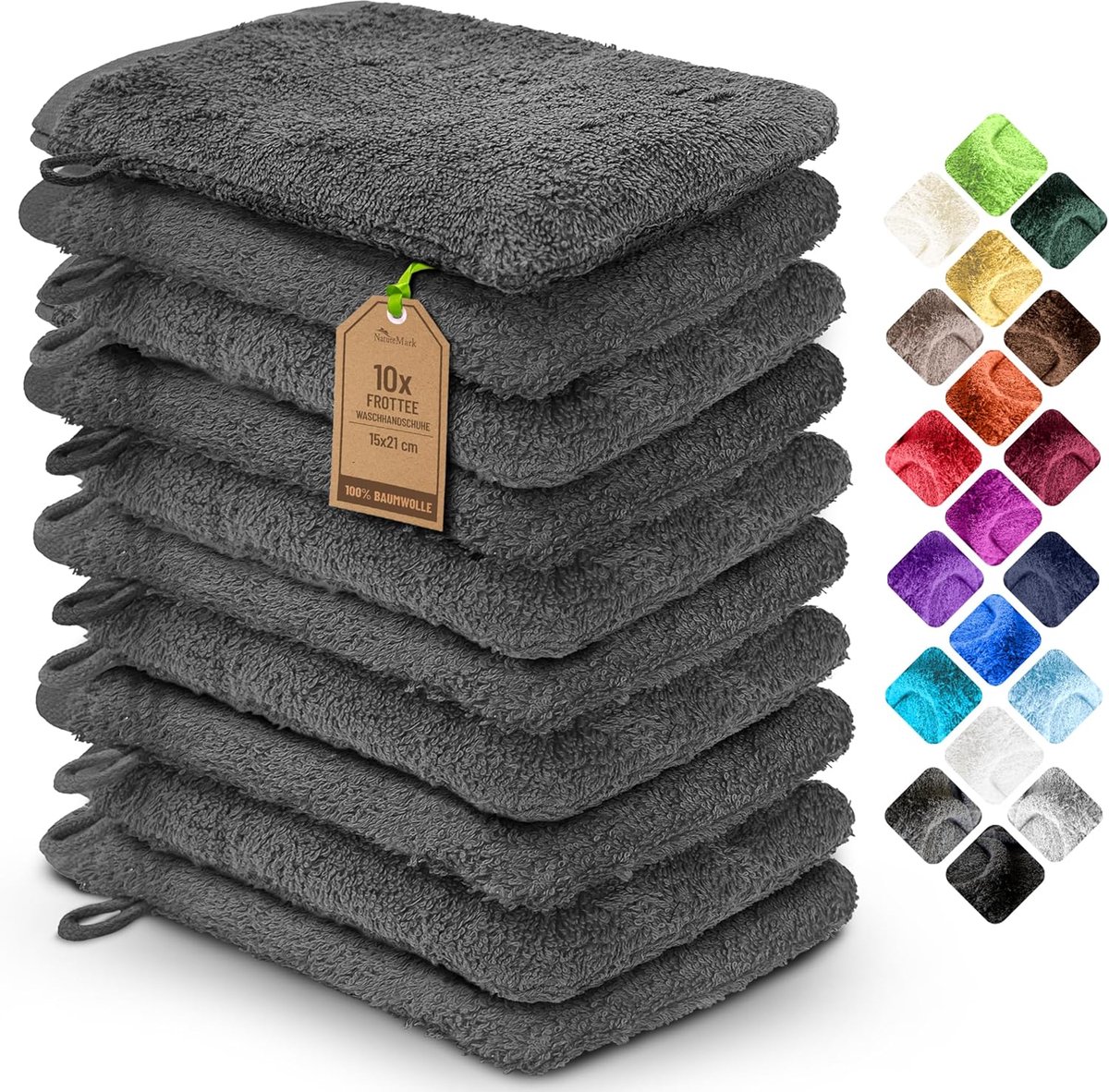 SnelShoppen - Set van 10 Zachte Badstof Washandjes 100% Katoen - Antraciet Grijs - Duurzaam, Ideaal voor Dagelijkse Verzorging en Gasten - 15x21 cm
