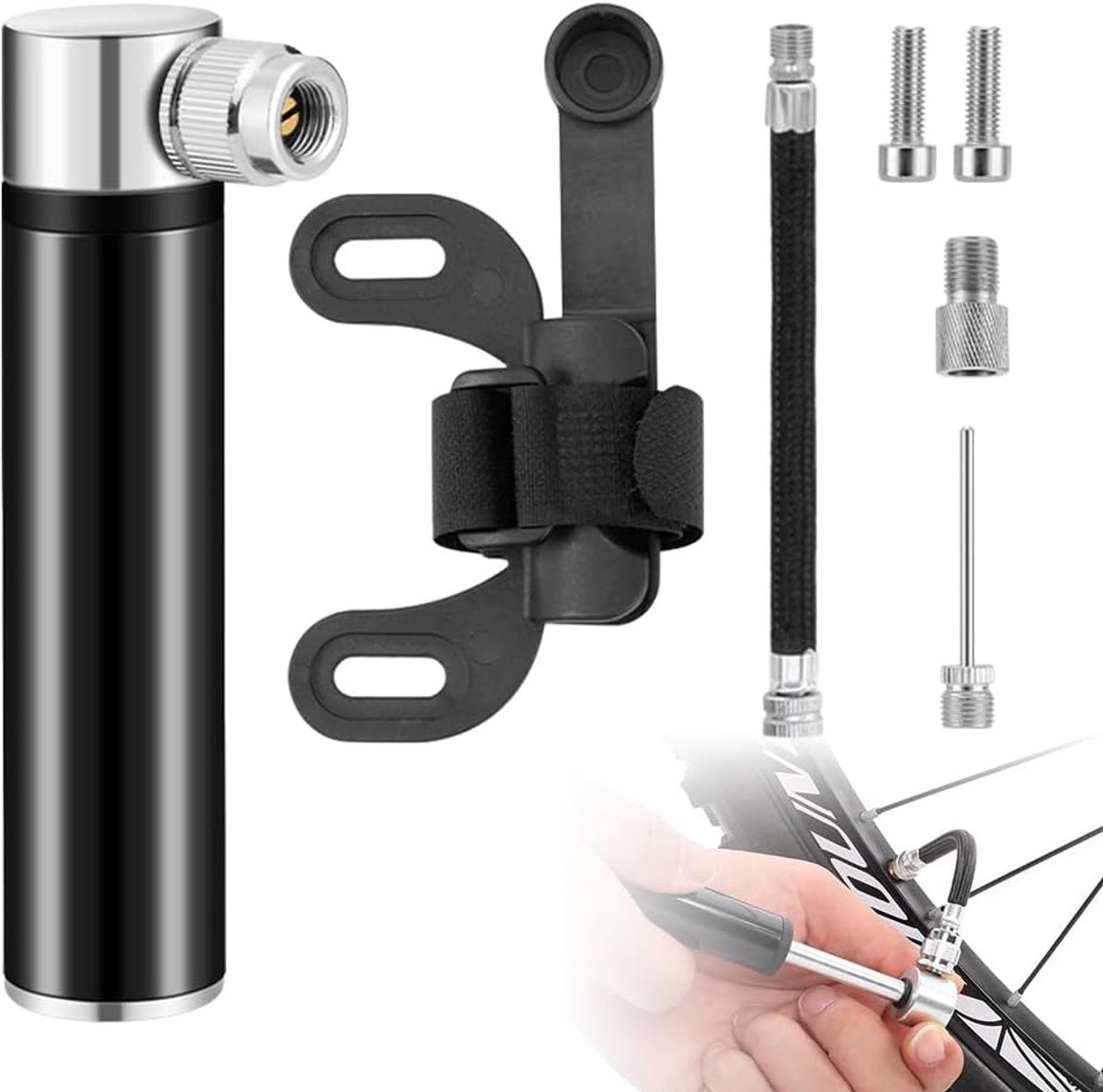 SnelShoppen - Draagbare Mini-Fietspomp 120 PSI - Compacte Hogedruk Luchtpomp voor Racefietsen en Mountainbikes met Framehouder - Lichtgewicht en Snell