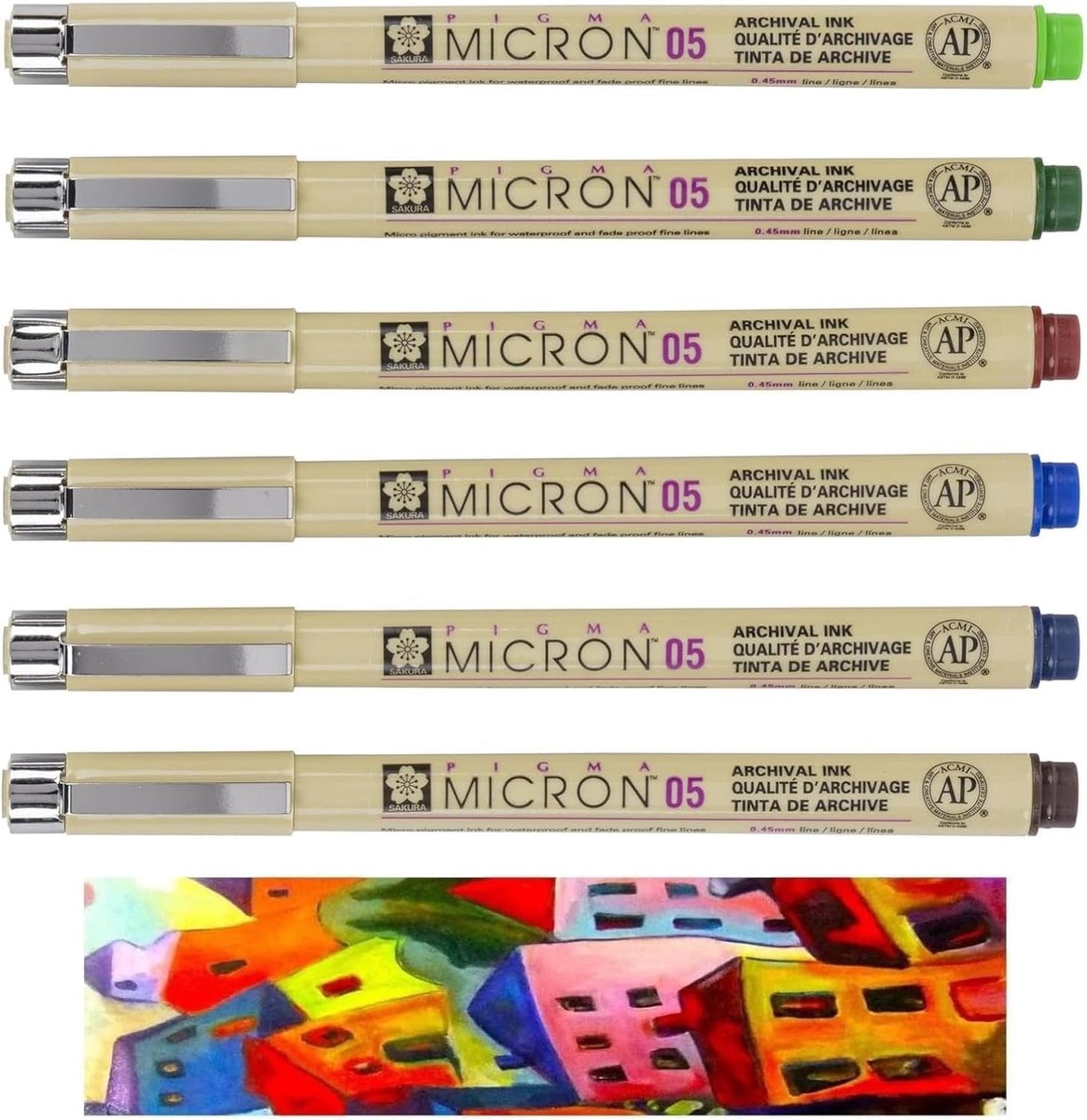 Thijox - 6 Fineliners 05 Set - Pigma Micron Stiftjes - 6 Kleuren - Fris Groen, Koningsblauw, Bordeaux, Jachtgroen, Blauw/Zwart, Sepia - Perfect voor T