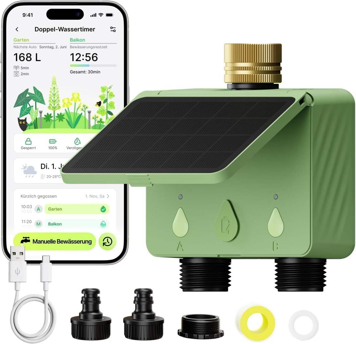 SnelShoppen - WiFi 2-weg Zonne Irrigatietimer met Debimeter, Slimme Automatische Irrigatie voor Tuin, Koperen Waterinlaat, App/Alexa, Duurzaam en Mili