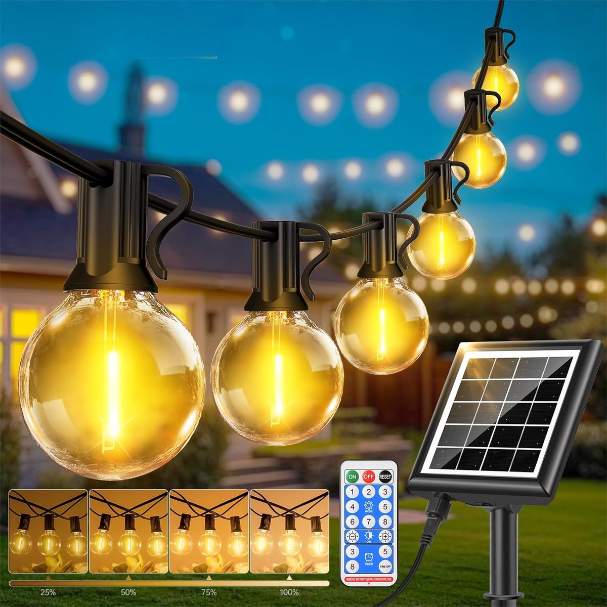 SnelShoppen - 30 m Lichtketting op Zonne-energie voor Buiten met 38 + 2 Dimbare LED-gloeilampen, Weerbestendig Warmwit Retro Verlichting voor Tuin, Ba