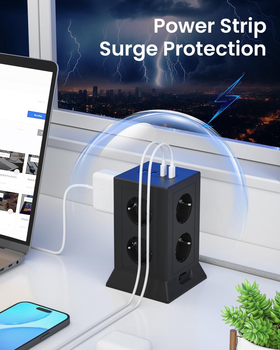 SnelShoppen - 8-voudig Meervoudig Stopcontact met 4 USB C-stekkeradapters, Overspanningsbeveiliging, Stekkerdoos met Schakelaar, Stroomverdeler met 3