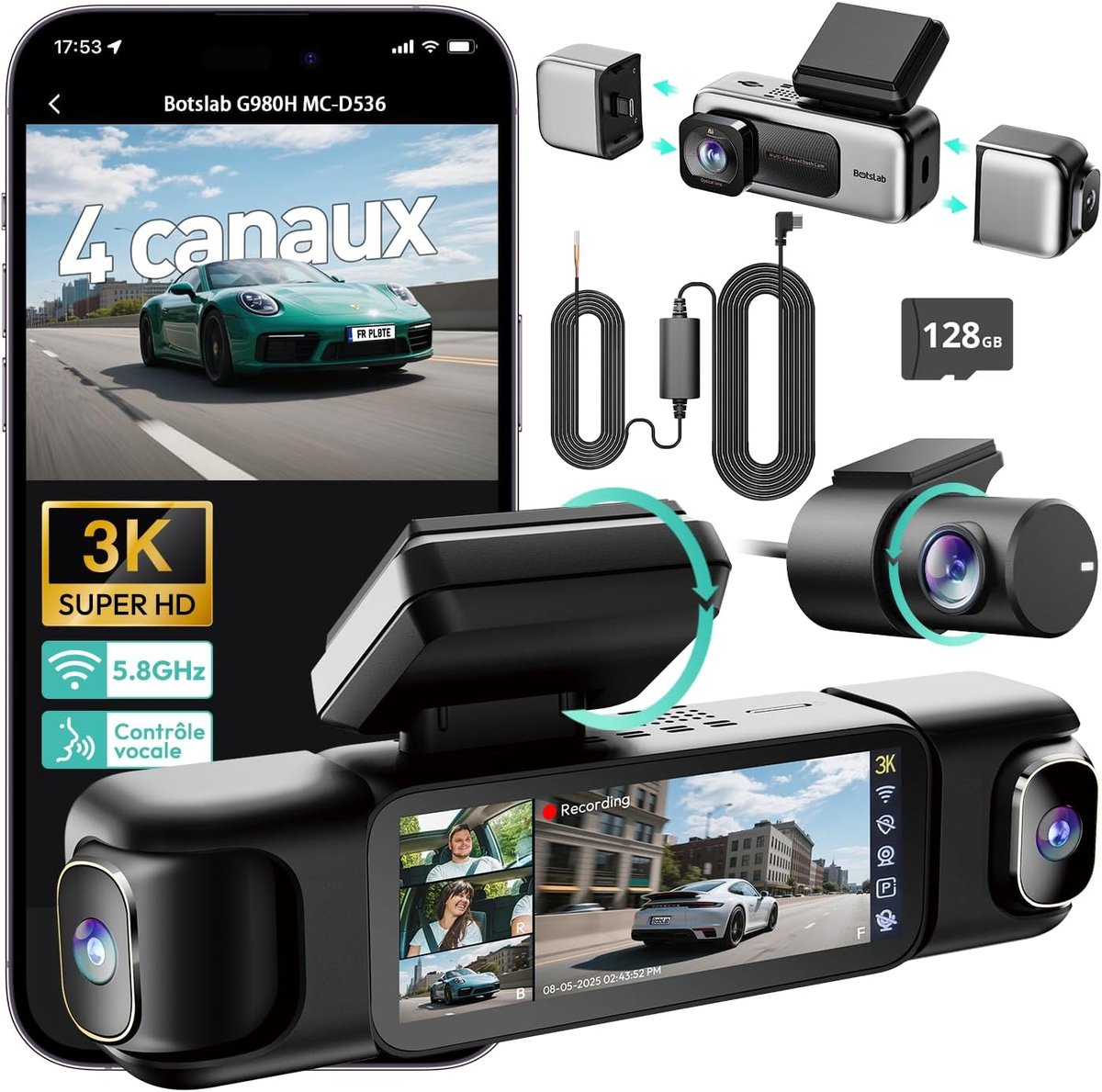 SnelShoppen - 4-Kanaals Dashcam met Parkeerbewaking, 360° Beeld, GPS, 5.8 GHz Wifi, 3.18-inch IPS-scherm, Super Nachtzicht, WDR, G-sensor, Loop-opname