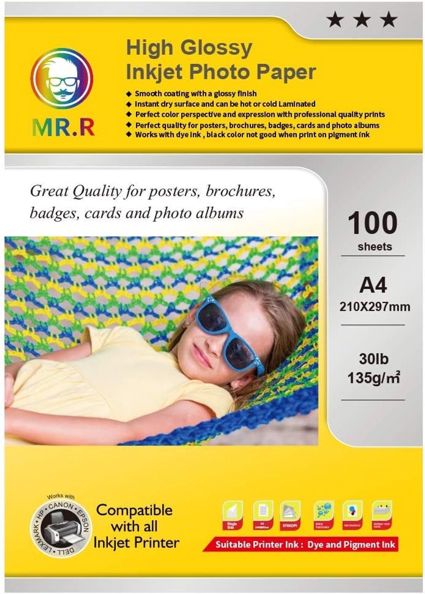 SnelShoppen - A4 Glanzend Fotopapier 135gsm 100 Vel - Instant Droog, Waterproof, Enkelzijdig, Voor Professionele Afdrukken, Perfect voor Posters, Broc
