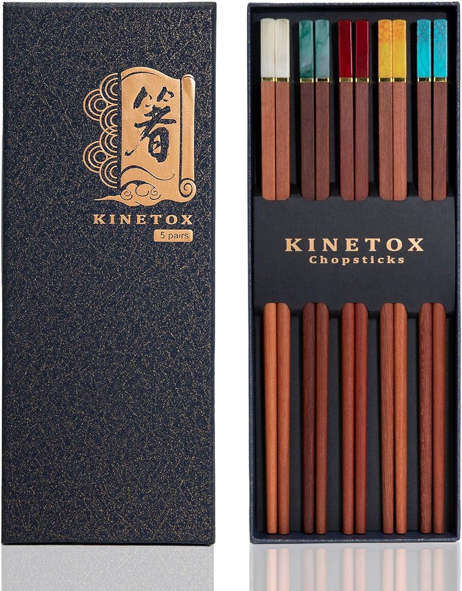 SnelShoppen - Houten Eetstokjes Set 5 Paren Herbruikbare Eetstokjes met Antislip voor Sushi, Rijst, Noodles, Feest, Keuken, Kleurcode, Geschenken - Ro