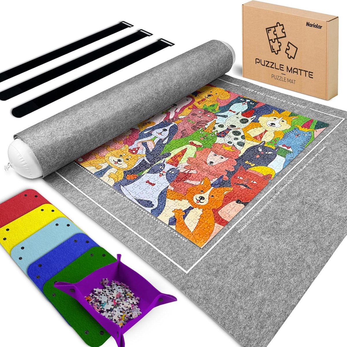SnelShoppen - Puzzle Mat met 6 Kleurrijke Vilt Sorteerkommen, Oprolbare Puzzelmat voor 500/1000/1500 Stukjes, Grijs, Praktische Accessoires voor Opsla