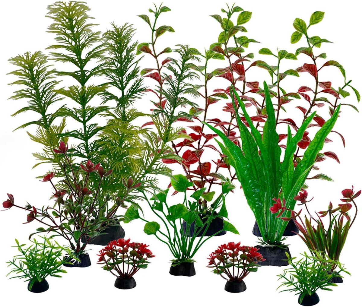 SnelShoppen - Aquarium Decoratie 11 Stuks - Kunstplanten voor Aquarium - Kunststof Waterplanten - Groene en Rode Kleuren - Ideaal voor Vissen en Schil
