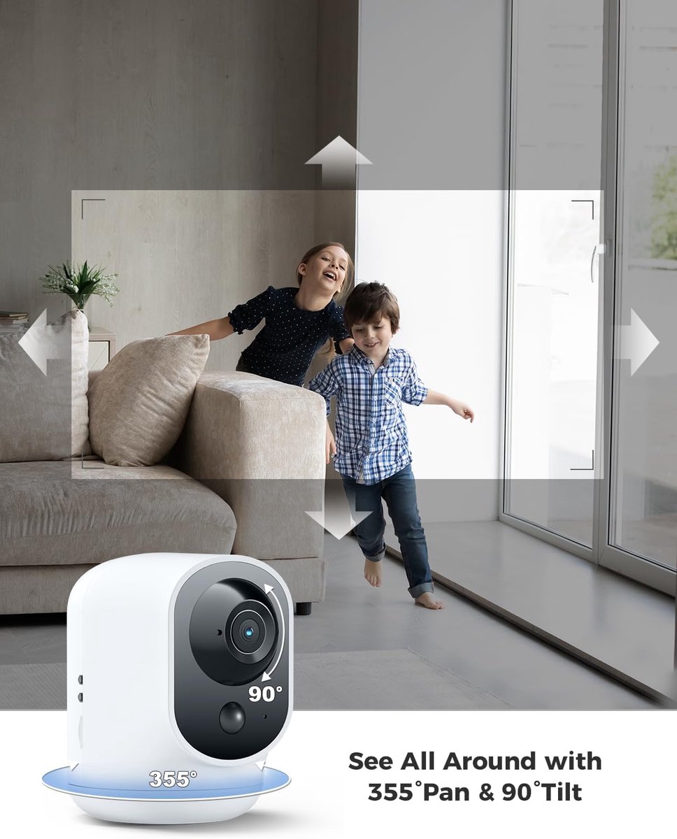 SnelShoppen - Draadloze 2K Indoor Beveiligingscamera met Pan/Tilt, 5200mAh Batterij, AI Herkenning, PIR Mensdetectie, Wifi Baby Monitor/Pet Camera, We