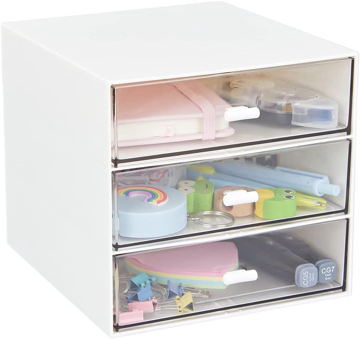 SnelShoppen - Desk Organizer met 3 Lades, Duidelijke Plastic Bureauopberging, Desk Organizer voor Kantoorbenodigdheden, Gelpennen, Potloden, Markers,