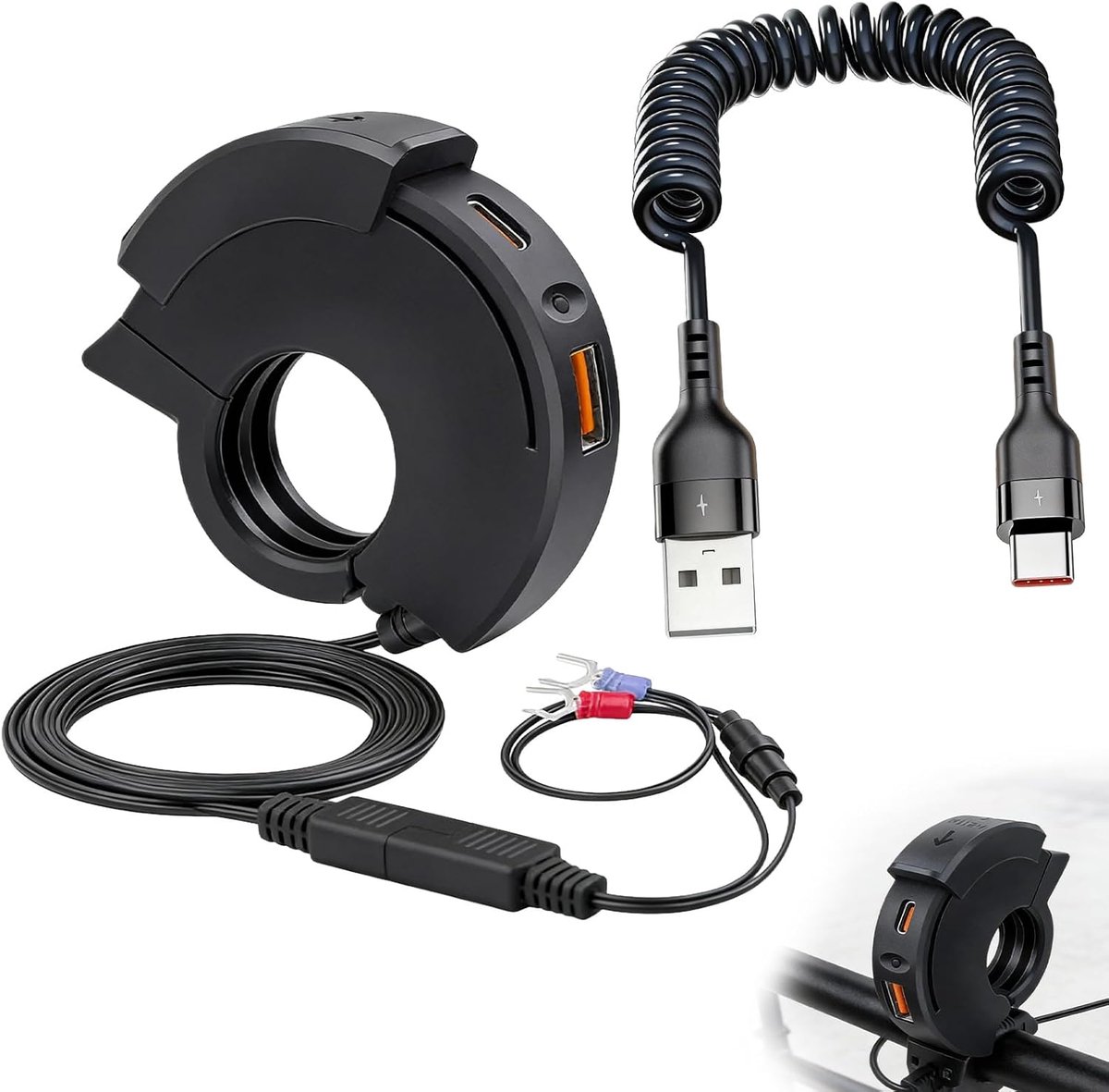 SnelShoppen - Motorcycle USB Socket Oplaadstation, Waterproof Dual Charger met Type C Kabel, Kortsluit- en Overlaadbeveiliging voor Motor, Auto, Boot