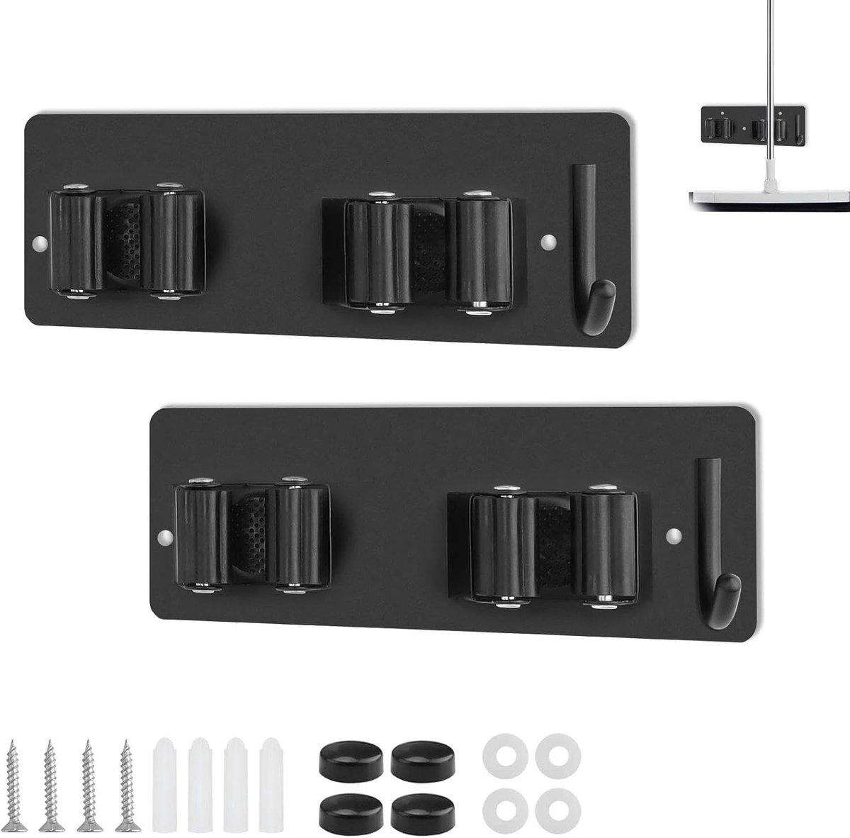 SnelShoppen - Pack van 2 Broom Holders Wandbevestiging 304 RVS Toolhouder met 4 Houder en 2 Haken voor Bezem, Tuingereedschap, Keuken, Badkamer, Garag
