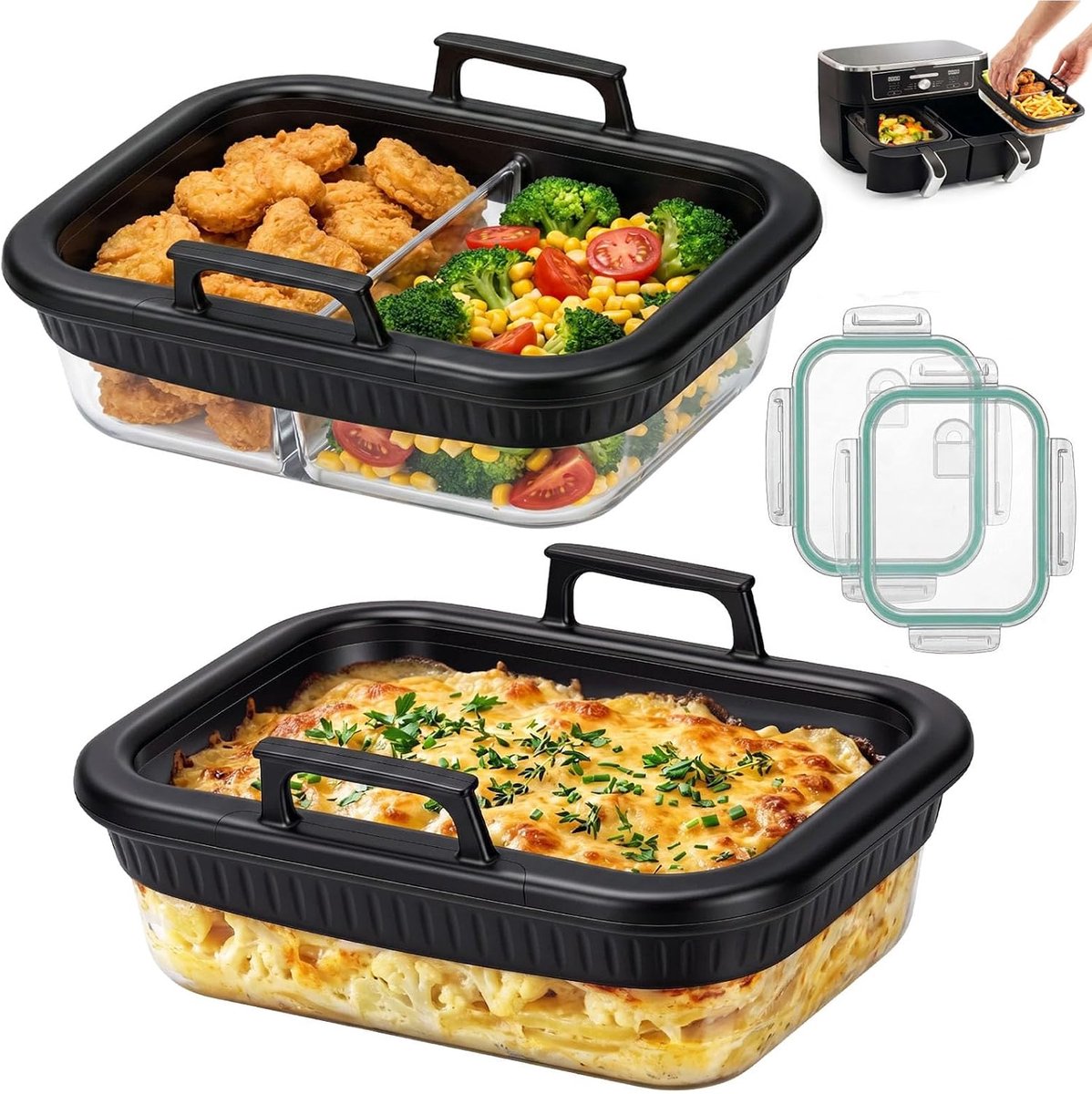 SnelShoppen - 2 Glazen Ovenvormen voor Airfryer - Hittebestendig, BPA-vrij, met Siliconen Handgrepen en Deksel - Geschikt voor Ninja AF400EU/AF500EU -